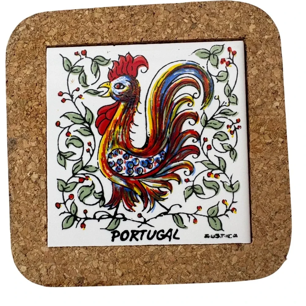 Portugal Rooster of Barcelos Cork Ceramic Tile Trivet Wall Decor Rustica 4x4
